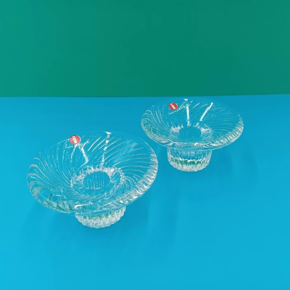 Set of 2 VTG 1980s Iitala Finland "Poppa" Clear Glass Crystal Candle Holders - Picture 5 of 11